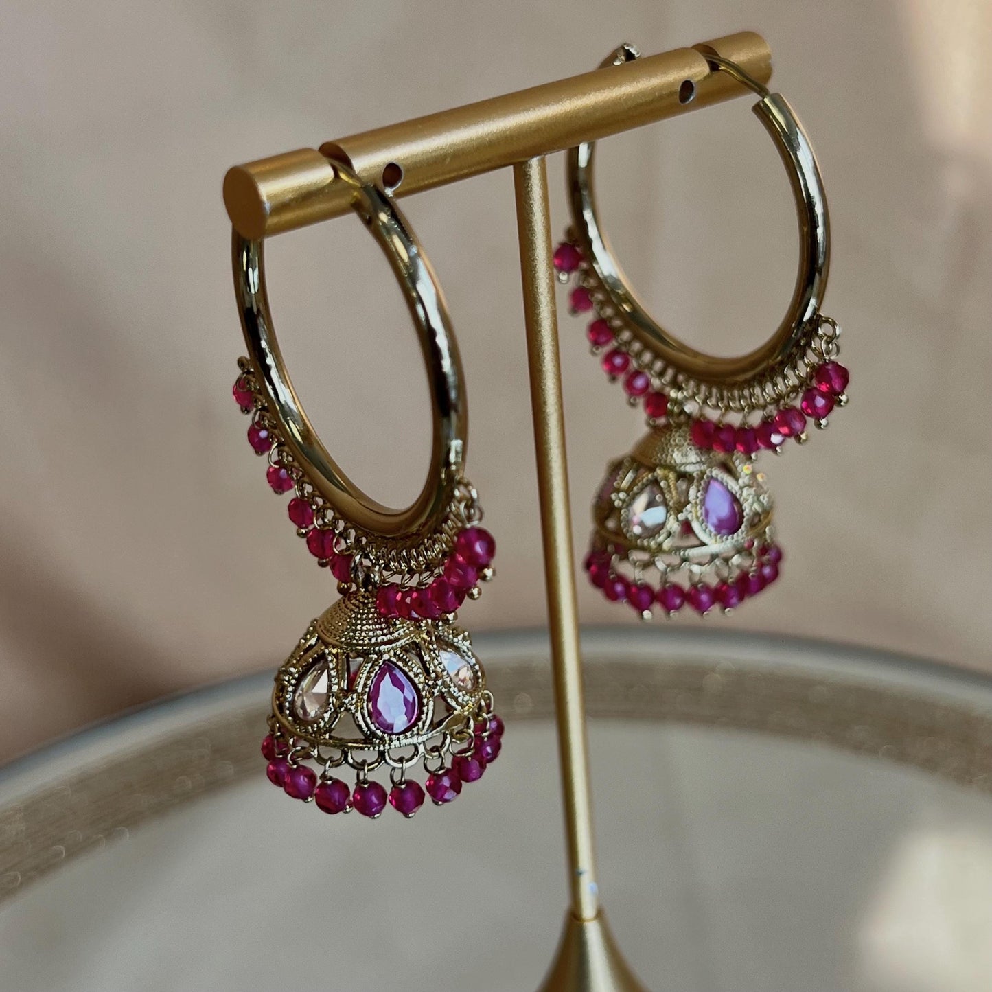 Pierced Antique Gold  Ruby Medium Hoop Jhumka Earrings/ Pakistan/ Gift for Women/Eid Gifts/Earrings Sale/Jhumka Sale/Clear Jhumkis