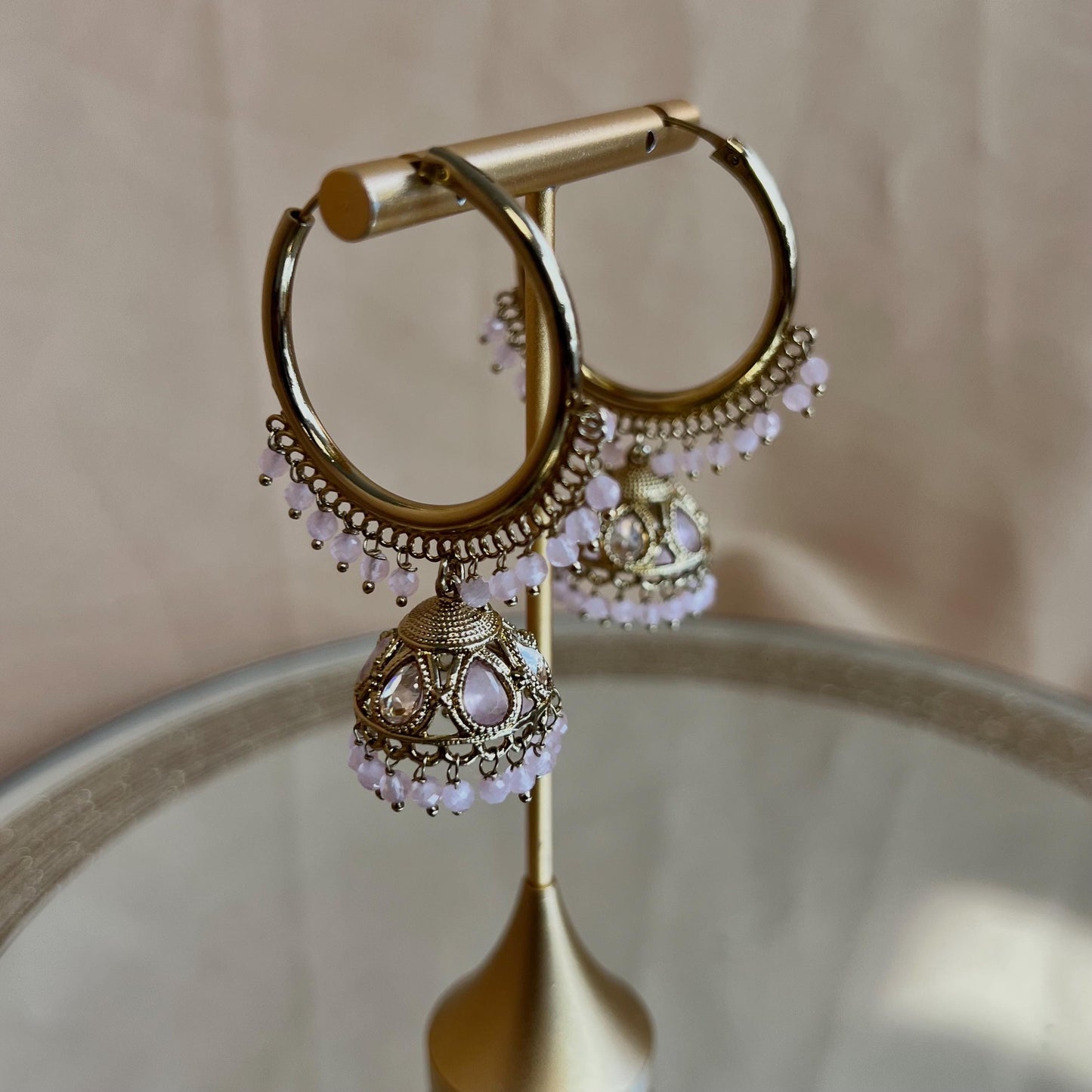 Pierced Antique Gold Light Pink Medium Hoop Jhumka Earrings/Pink Jhumkis/Gift for Women/Eid Gifts/Earrings Sale/Jhumka Sale/Clear Jhumkis