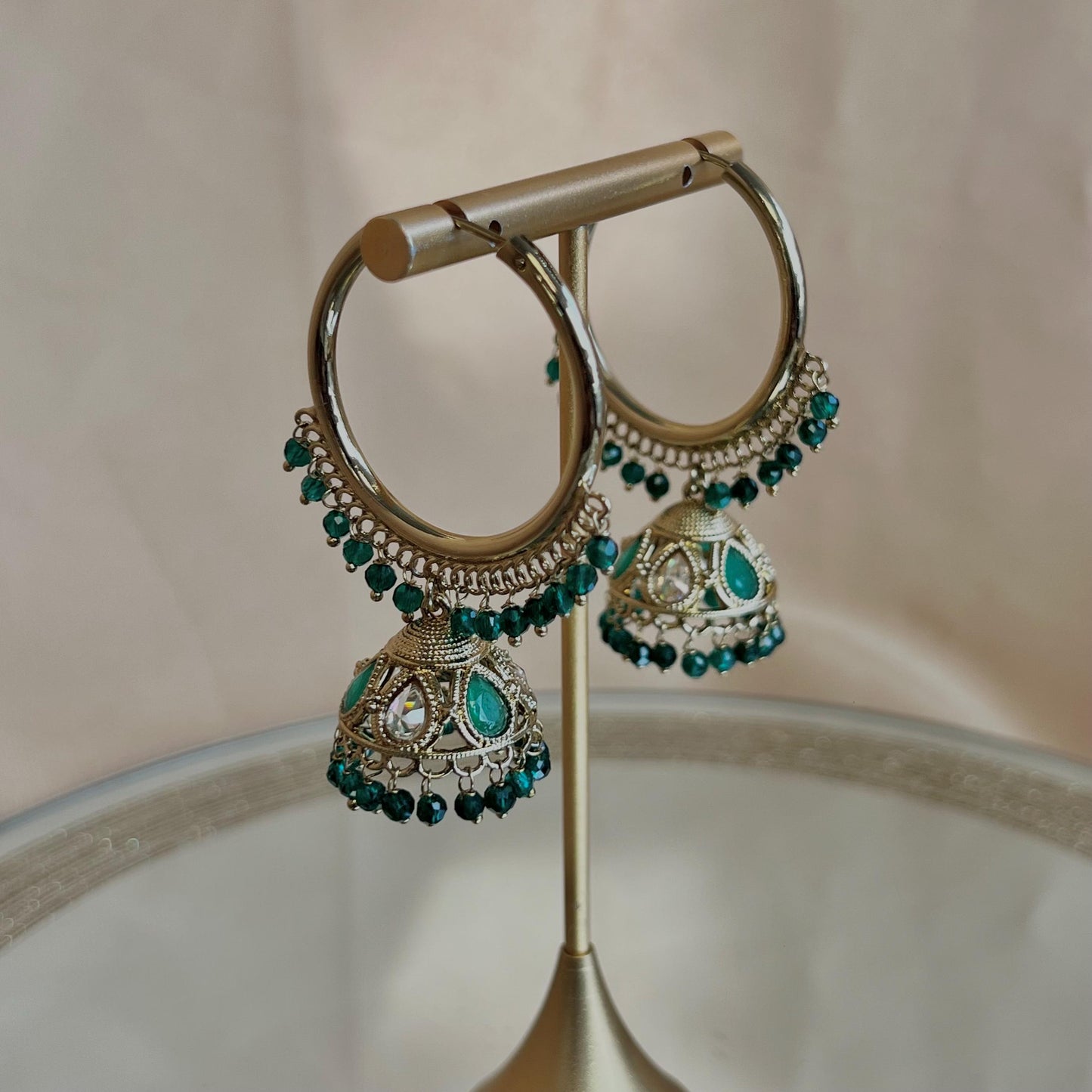 Pierced Antique Gold /Green Medium Hoop Jhumka Earrings/Gifts for Women/Eid Gifts/Jhumka Sale/Earring Sale/Green Jhumkis