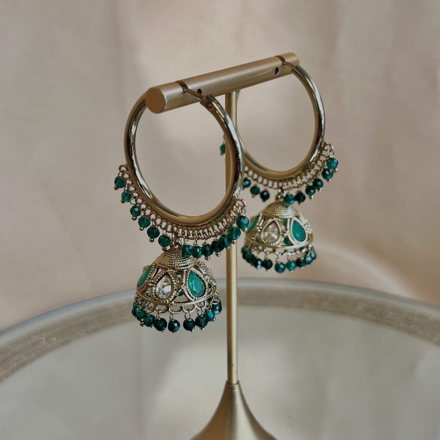Pierced Antique Gold /Green Medium Hoop Jhumka Earrings/Gifts for Women/Eid Gifts/Jhumka Sale/Earring Sale/Green Jhumkis