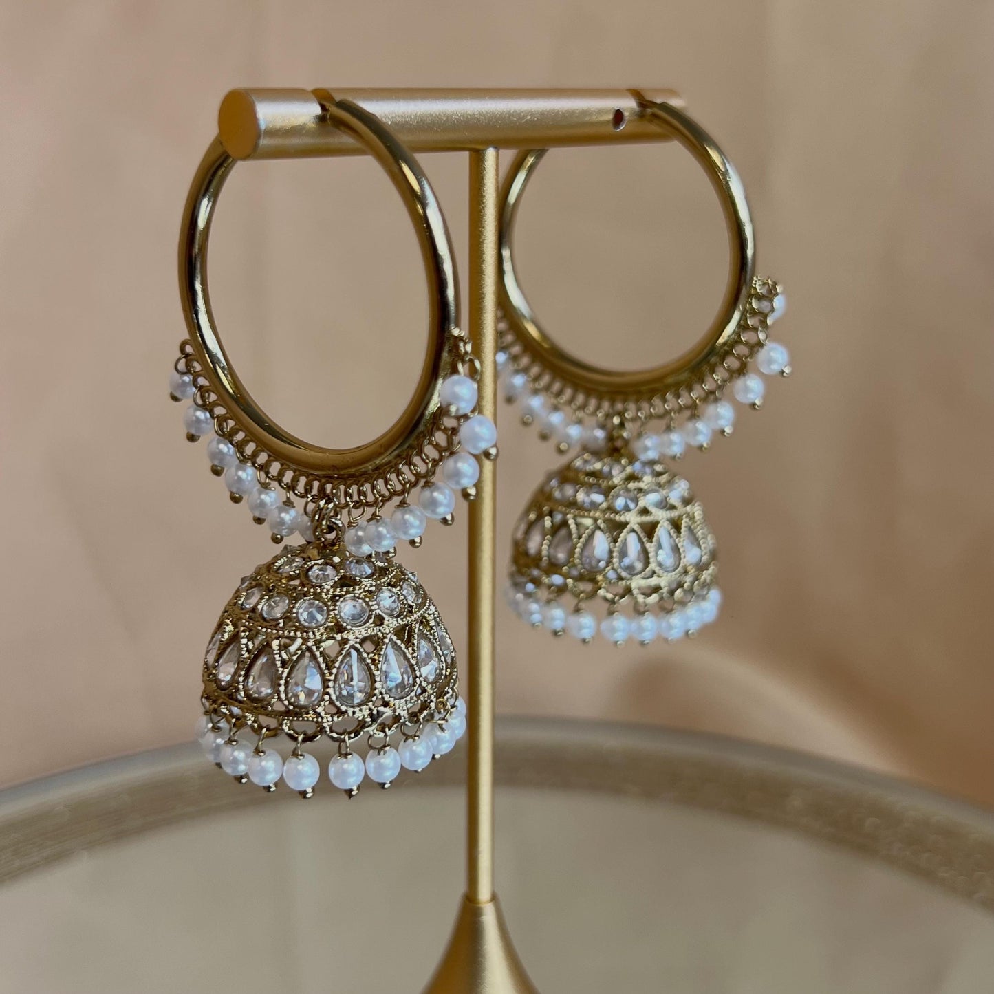 Pierced Antique Gold Clear Medium Hoop Jhumka Earrings/ Pakistani Fashion/Gift for Women/Eid Gifts/Earrings Sale/Jhumka Sale/Clear Jhumkis