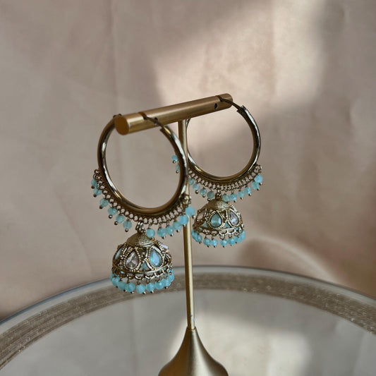 Pierced Antique Gold /Sky Blue Medium Hoop Jhumka Earrings/ Pakistani Fashion/ Gift for Women/Eid Gifts/Jhumka Sale/Earring Sale