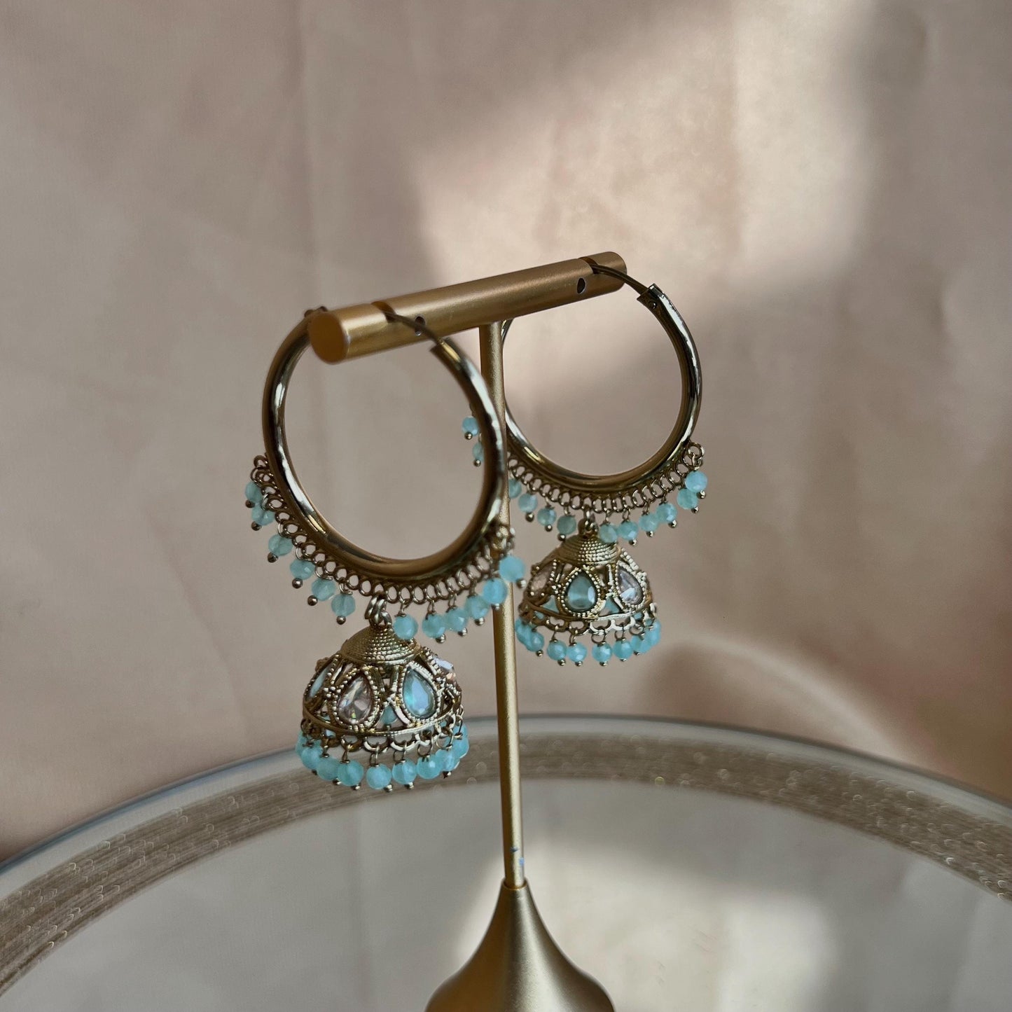 Pierced Antique Gold /Sky Blue Medium Hoop Jhumka Earrings/ Pakistani Fashion/ Gift for Women/Eid Gifts/Jhumka Sale/Earring Sale