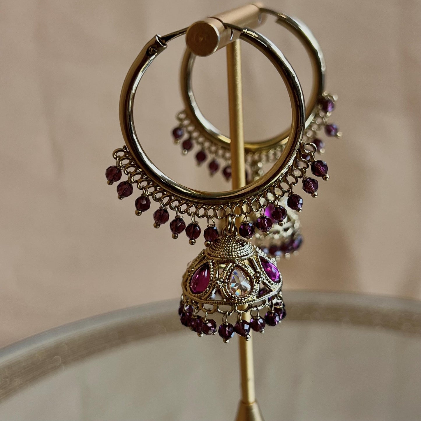 Pierced Antique Gold Purple Medium Hoop Jhumka Earrings/ Pakistani Fashion/Gift for Women/Eid Gifts/Earrings Sale/Jhumka Sale/Clear Jhumkis