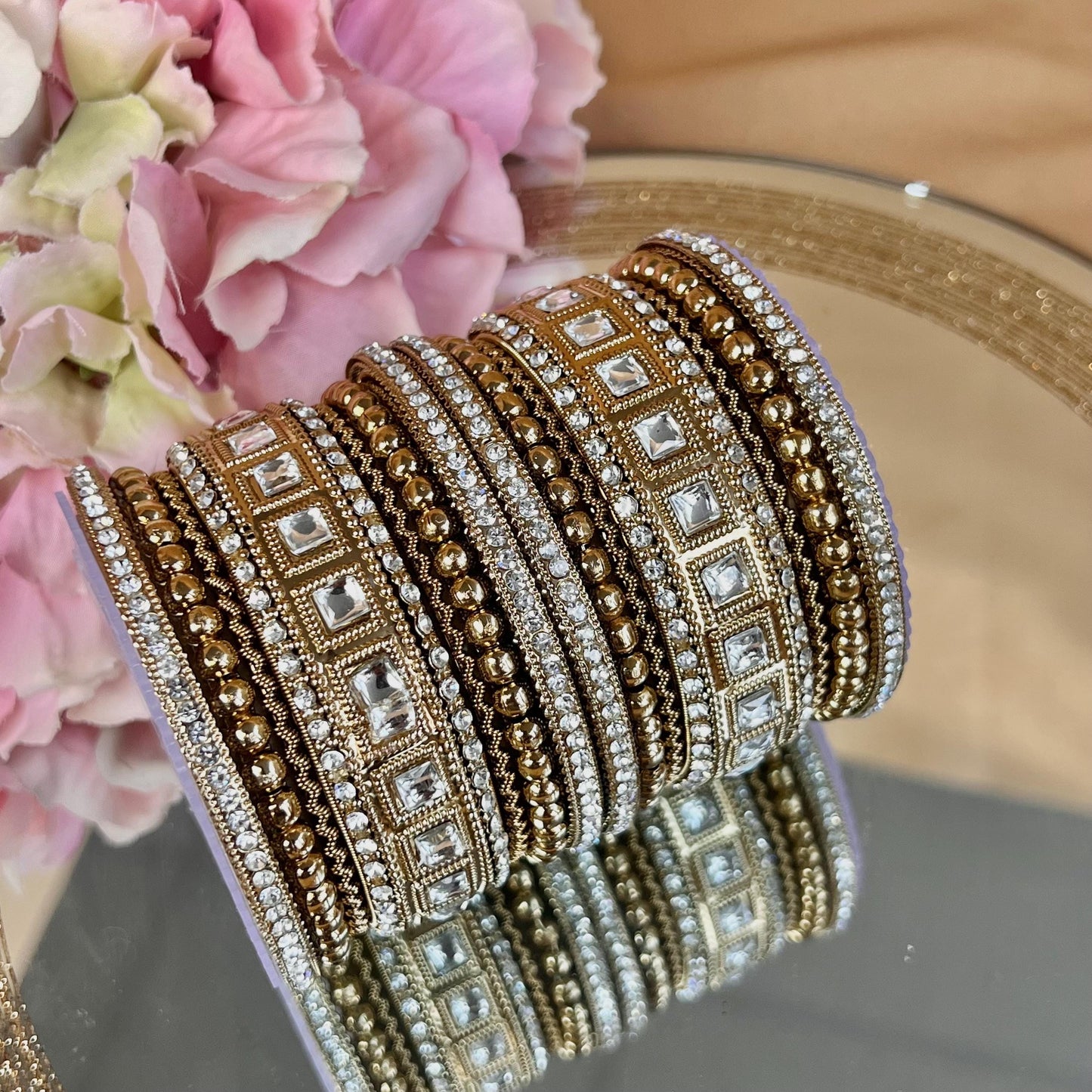 Small Mirror Golden & Clear Bangle Set Both Arms - 2.6/Indian/Clear Bangle Set/Kada Bangles/Pakistani/Jewellery/ Fashion Bracelet
