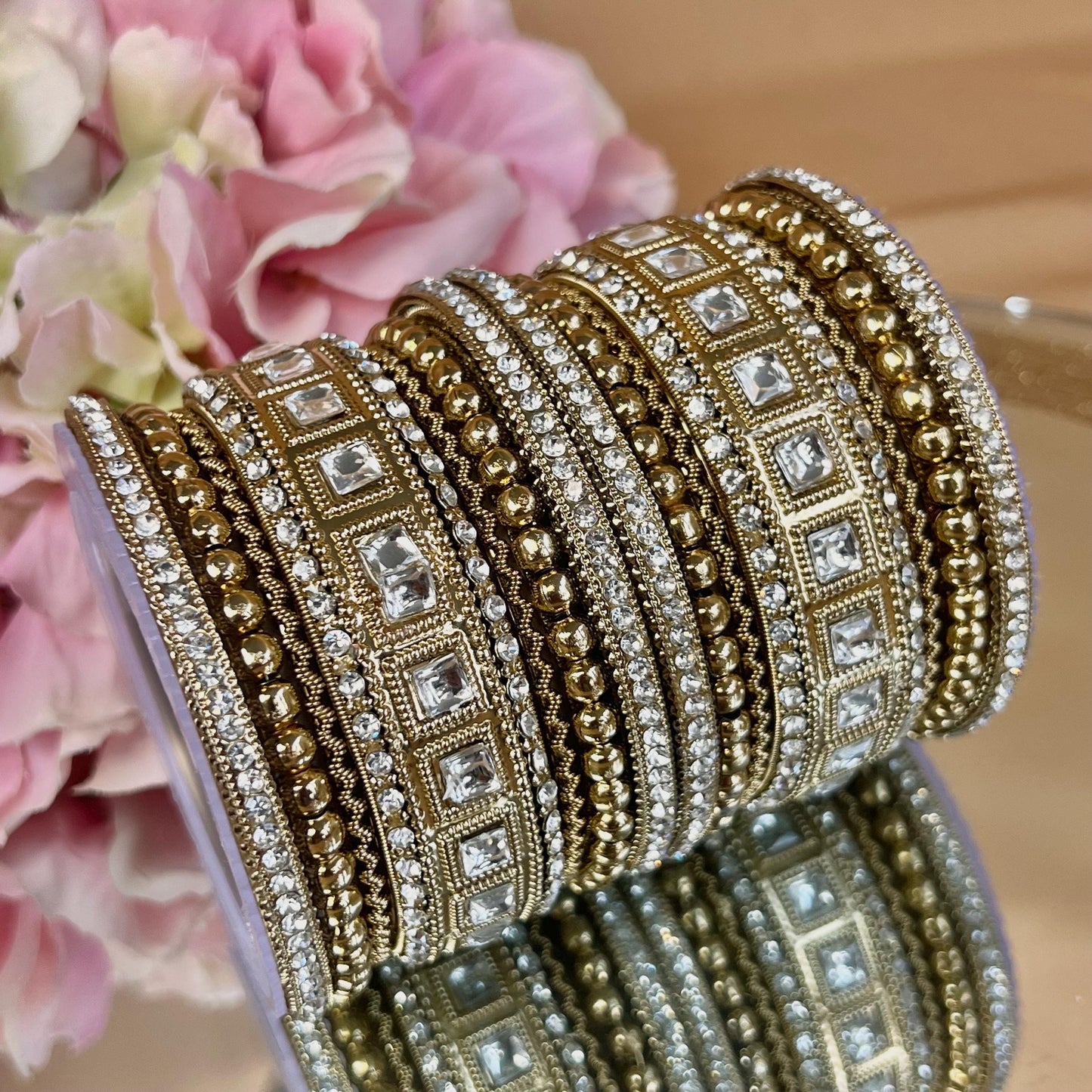 Small Mirror Golden & Clear Bangle Set Both Arms - 2.6/Indian/Clear Bangle Set/Kada Bangles/Pakistani/Jewellery/ Fashion Bracelet