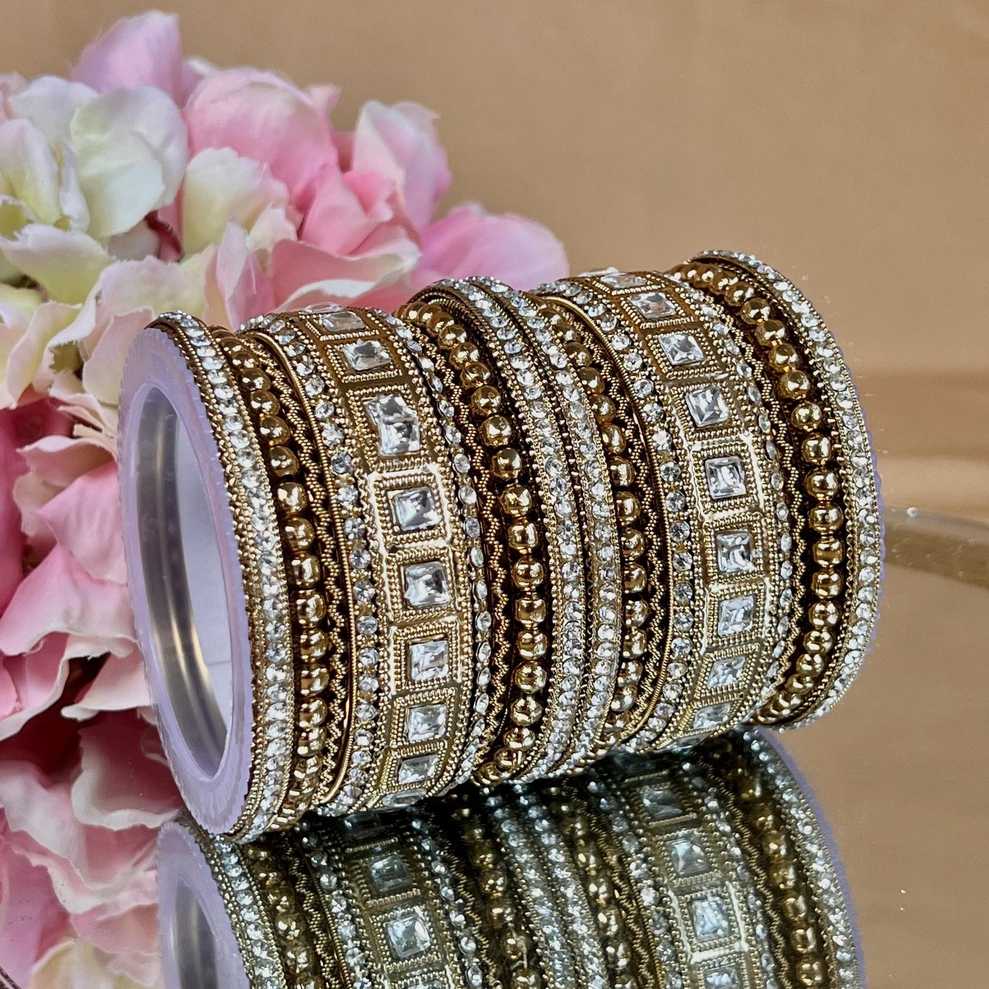 Small Mirror Golden & Clear Bangle Set Both Arms - 2.6/Indian/Clear Bangle Set/Kada Bangles/Pakistani/Jewellery/ Fashion Bracelet