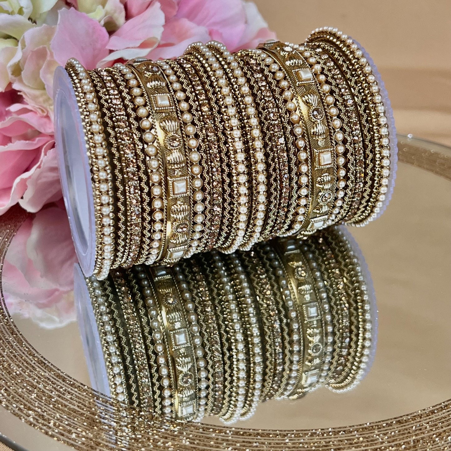 Small Mirror Golden Bangle Set Both Arms - 2.6/Indian/ Pakistani/Golden Bangle Set/Kada Bangle Set