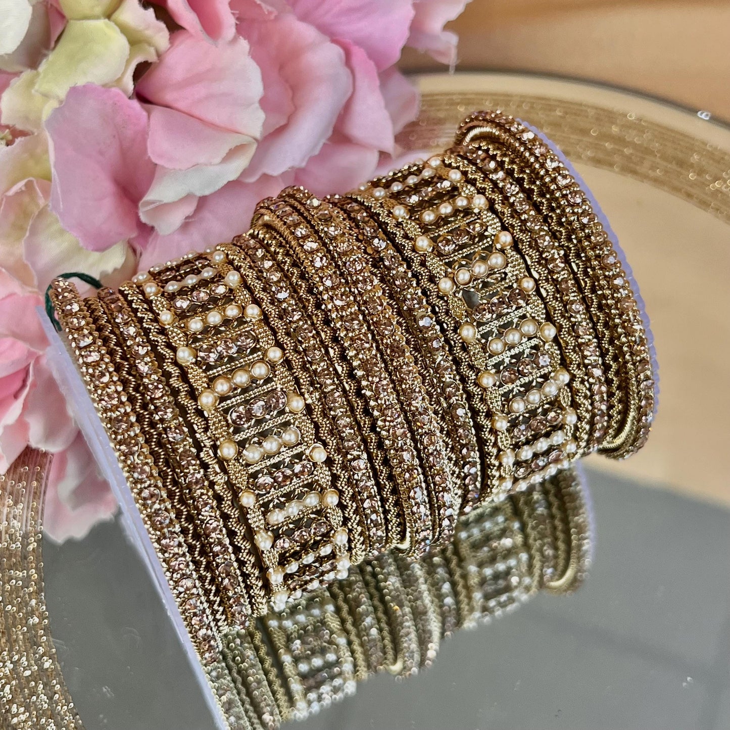 Small Golden Pearly Bangle Set Both Arms - 2.6/Indian/ Pakistani/Kada Bangle Set/Golden Bangle Set/Pearly Bangles/Fashion Bracelet