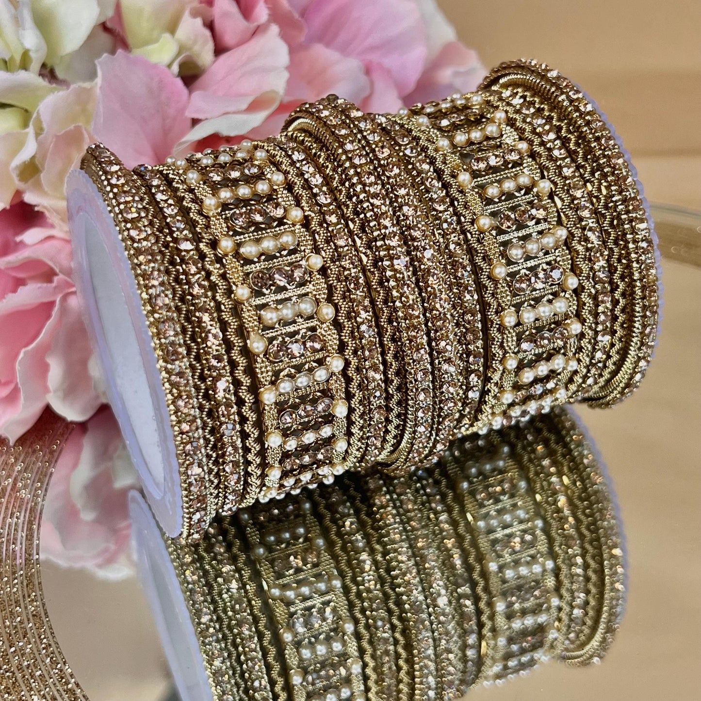 Small Golden Pearly Bangle Set Both Arms - 2.6/Indian/ Pakistani/Kada Bangle Set/Golden Bangle Set/Pearly Bangles/Fashion Bracelet