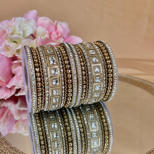 Small Mirror Golden & Clear Bangle Set Both Arms - 2.6/Indian/Clear Bangle Set/Kada Bangles/Pakistani/Jewellery/ Fashion Bracelet