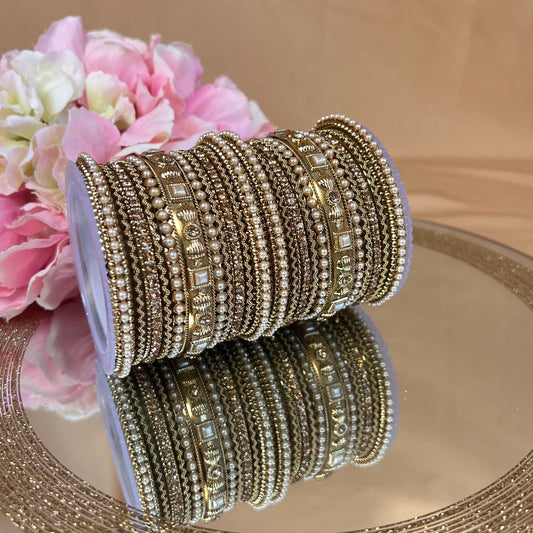 Small Mirror Golden Bangle Set Both Arms - 2.6/Indian/ Pakistani/Golden Bangle Set/Kada Bangle Set