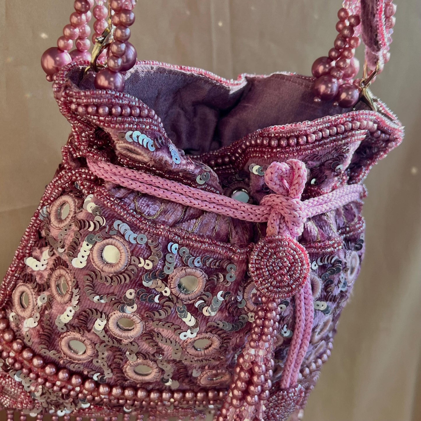 Mauve Mirror Beaded Tasseled Potli Bags/Indian Handmade Traditional Phulkari Potli Bags/Modern Ethnic Mirror Work Potli Bags/White Bags
