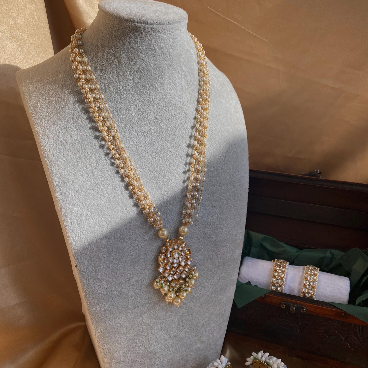 Green Real Kundan Pearl Bright Gold Long Necklace  Mala Haar Unique Style Indian Pakistani Fashion Jewellery Gift for Women