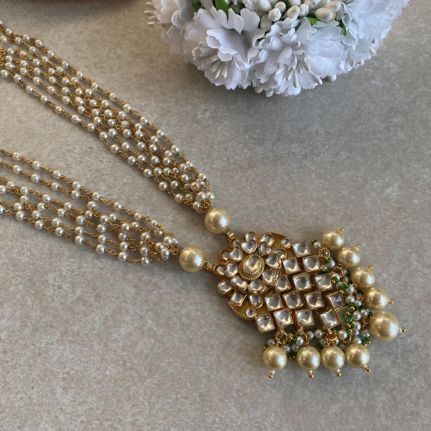 Green Real Kundan Pearl Bright Gold Long Necklace  Mala Haar Unique Style Indian Pakistani Fashion Jewellery Gift for Women