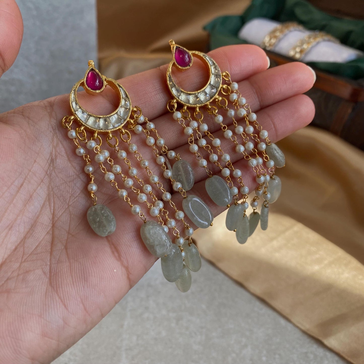 Handcrafted Ruby and Jade Green Indian Kundan Earrings - Traditional Bridal Jewelry High Quality