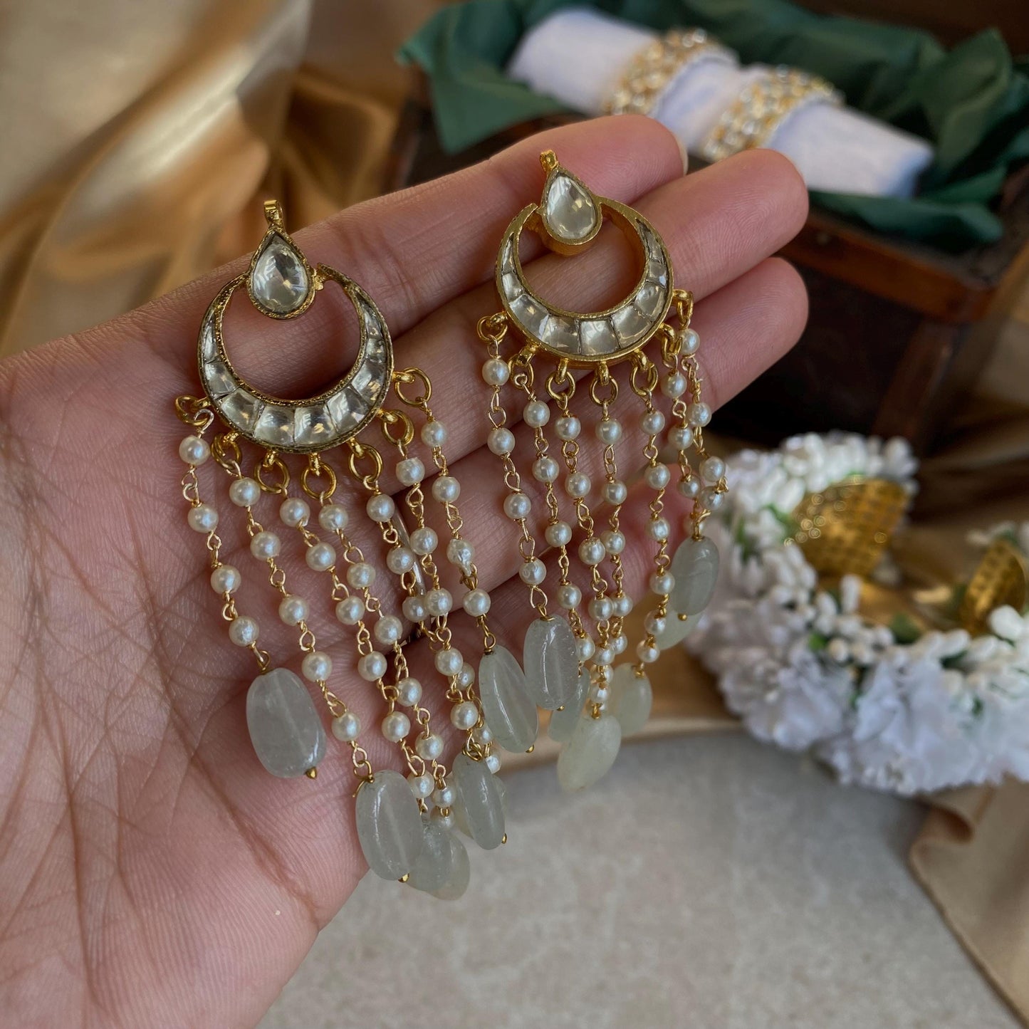 Handcrafted Gold Clear and Jade Green Indian Kundan Earrings - Traditional Bridal Jewelry High Quality