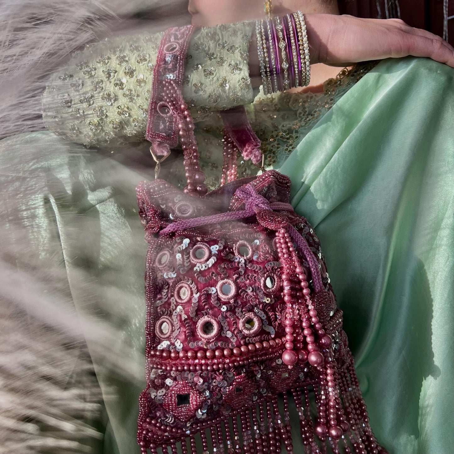 Mauve Mirror Beaded Tasseled Potli Bags/Indian Handmade Traditional Phulkari Potli Bags/Modern Ethnic Mirror Work Potli Bags/White Bags