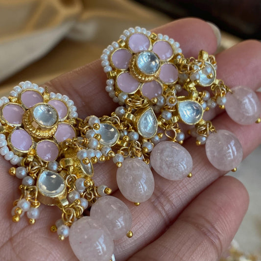 Kundan Pink Flower Stud Earrings with Small White Pearl Beads - Traditional Indian Jewelry