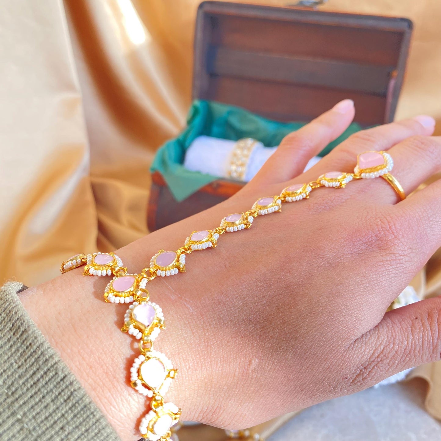 Pink Real Kundan Hand Harness - Single/ Fashion Jewellery/ Gift for Women/Indian/Pakistani style /Haathphool/Hand Accessory