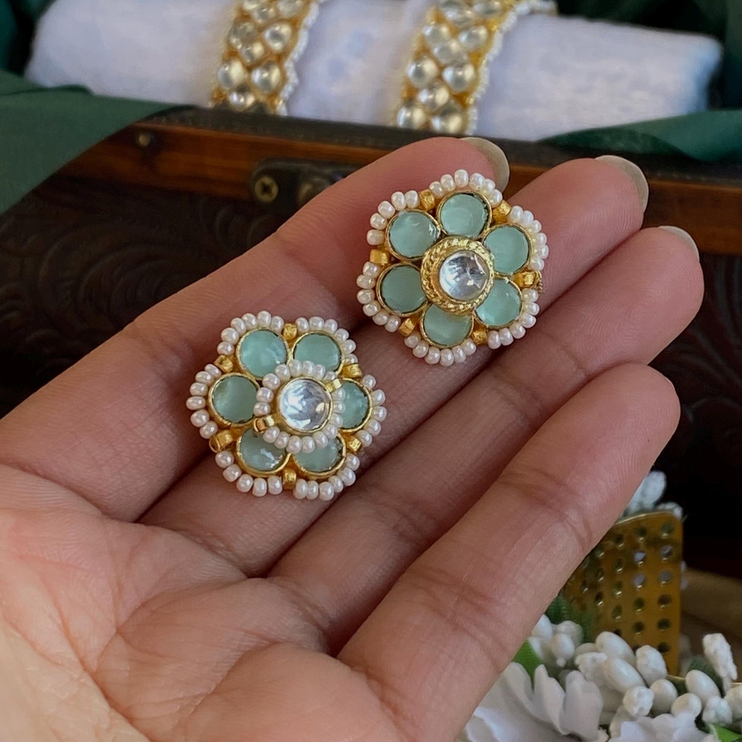 Kundan Mint Green & Small Pearl Stud Earrings - 0.5 Inch, Elegant Traditional Jewelry Indian Pakistani High Quality Cute Gift