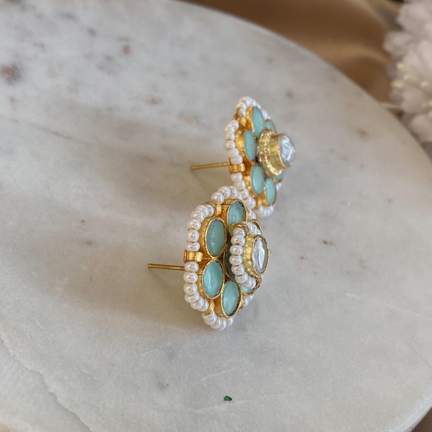 Kundan Mint Green & Small Pearl Stud Earrings - 0.5 Inch, Elegant Traditional Jewelry Indian Pakistani High Quality Cute Gift