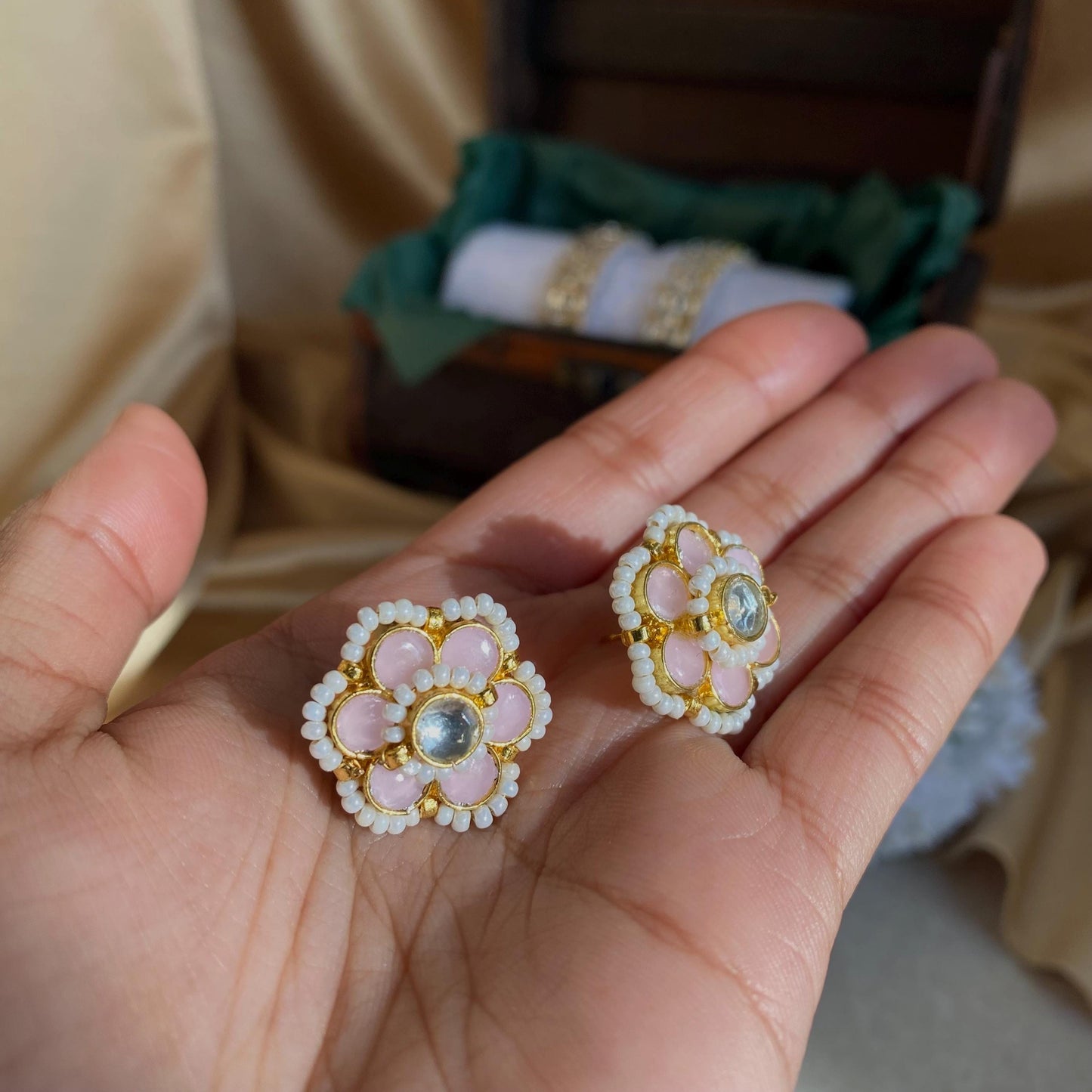 Kundan Pastel Pink & Small Pearl Stud Earrings - 0.5 Inch, Elegant Traditional Jewelry Indian Pakistani High Quality Cute Gift