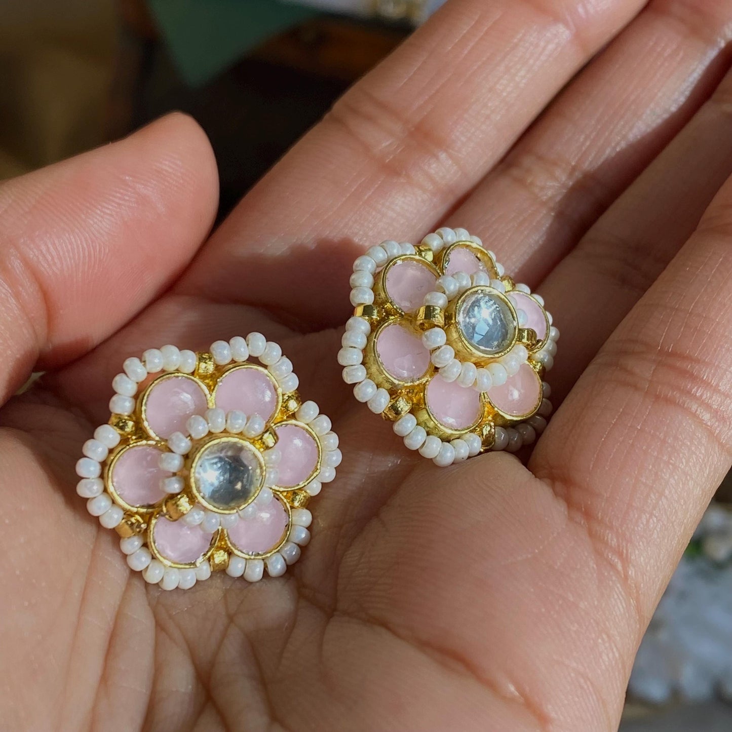 Kundan Pastel Pink & Small Pearl Stud Earrings - 0.5 Inch, Elegant Traditional Jewelry Indian Pakistani High Quality Cute Gift