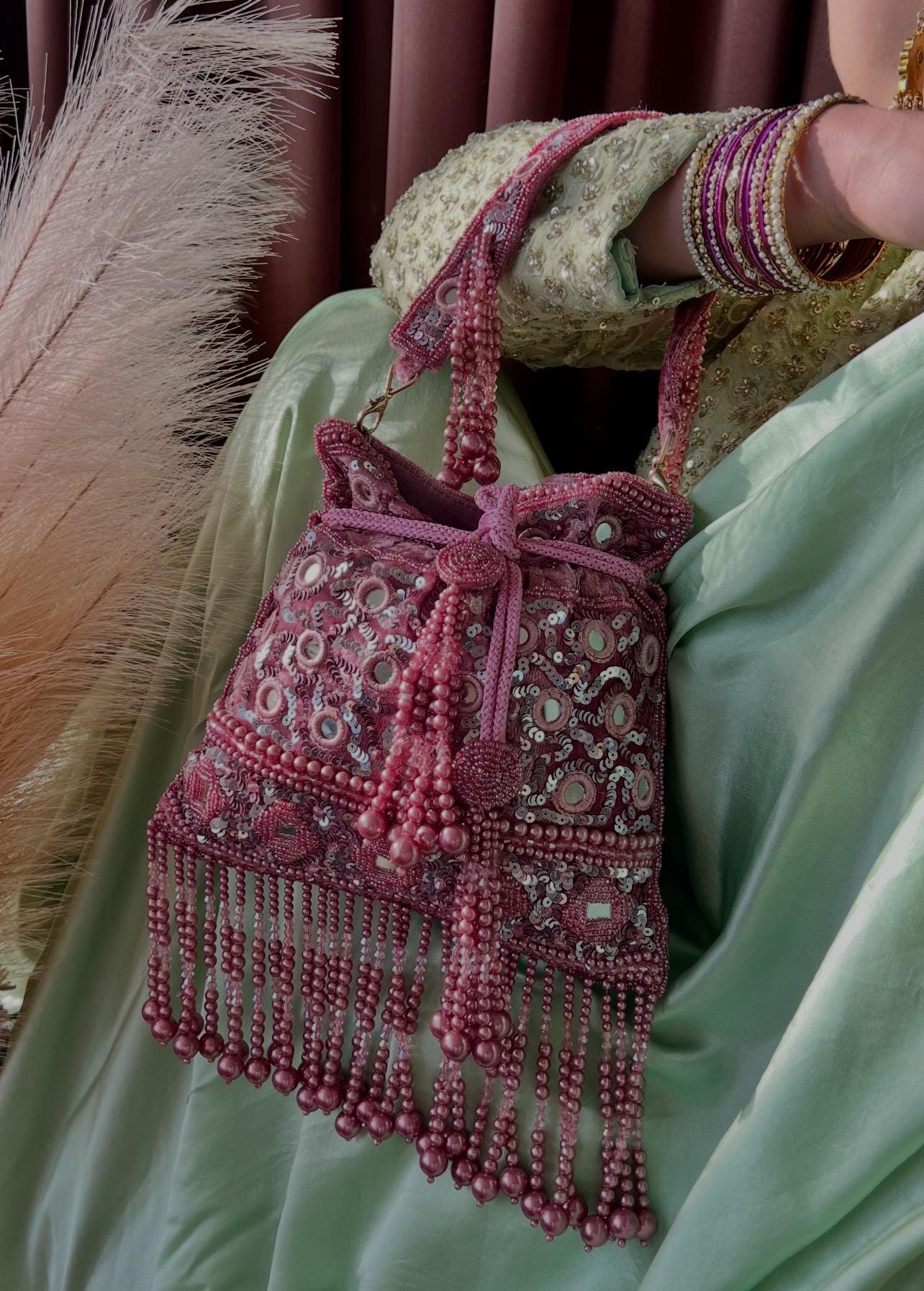 Mauve Mirror Beaded Tasseled Potli Bags/Indian Handmade Traditional Phulkari Potli Bags/Modern Ethnic Mirror Work Potli Bags/White Bags