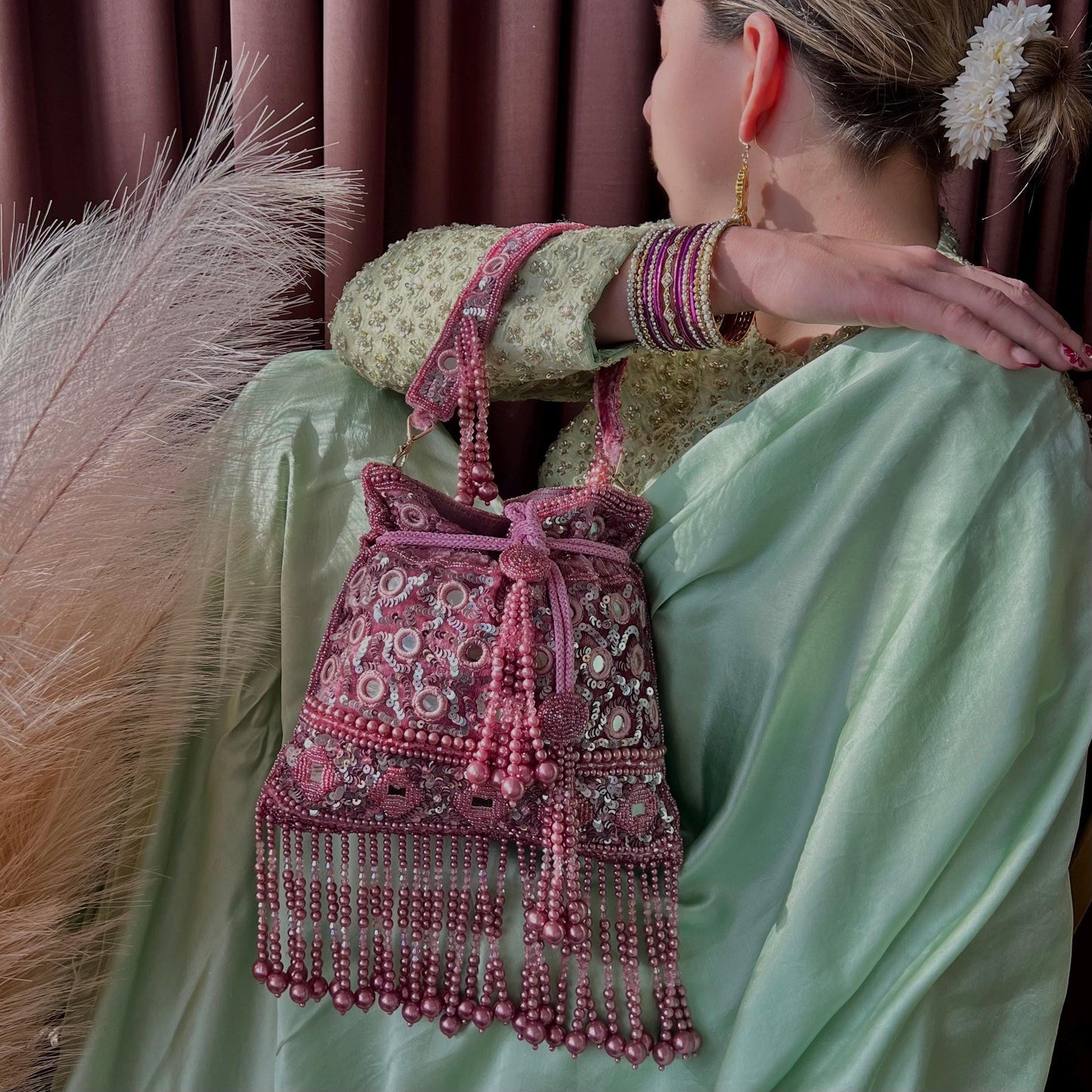 Mauve Mirror Beaded Tasseled Potli Bags/Indian Handmade Traditional Phulkari Potli Bags/Modern Ethnic Mirror Work Potli Bags/White Bags