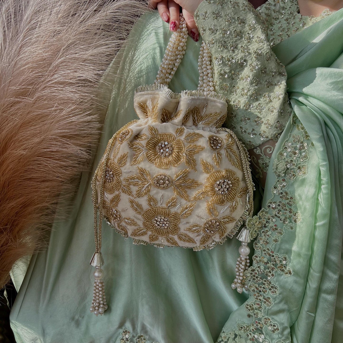 Cream Golden Floral Design Beaded Velvet Potli Bags/Indian Handmade Traditional Phulkari Potli Bags/Modern Ethnic Mirror Work Potli Bags