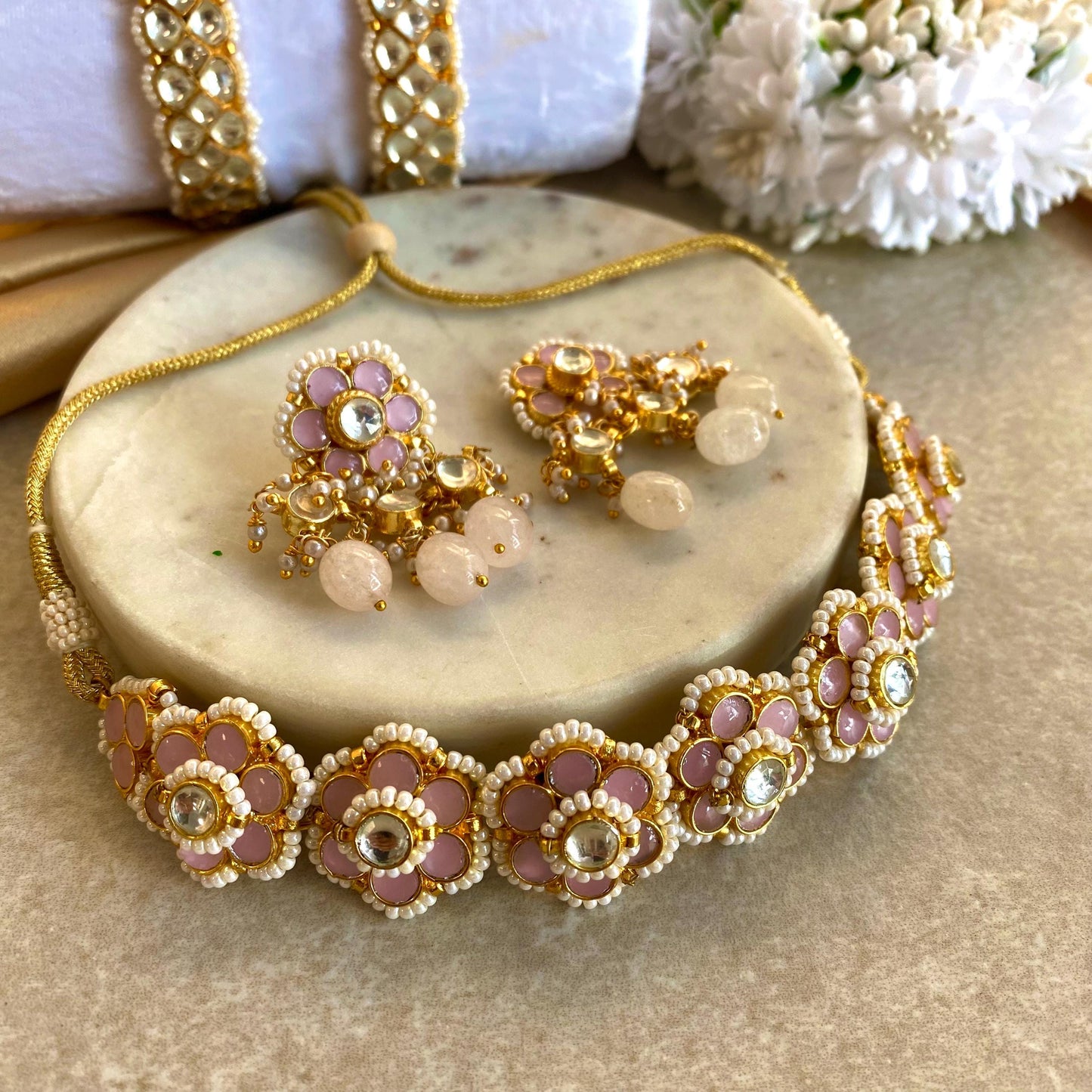 Pink Pearl Real Kundan Choker Small Stud Earring Set Indian Pakistani Bollywood Fashion Jewellery Gift High Quality Unique Style Traditional