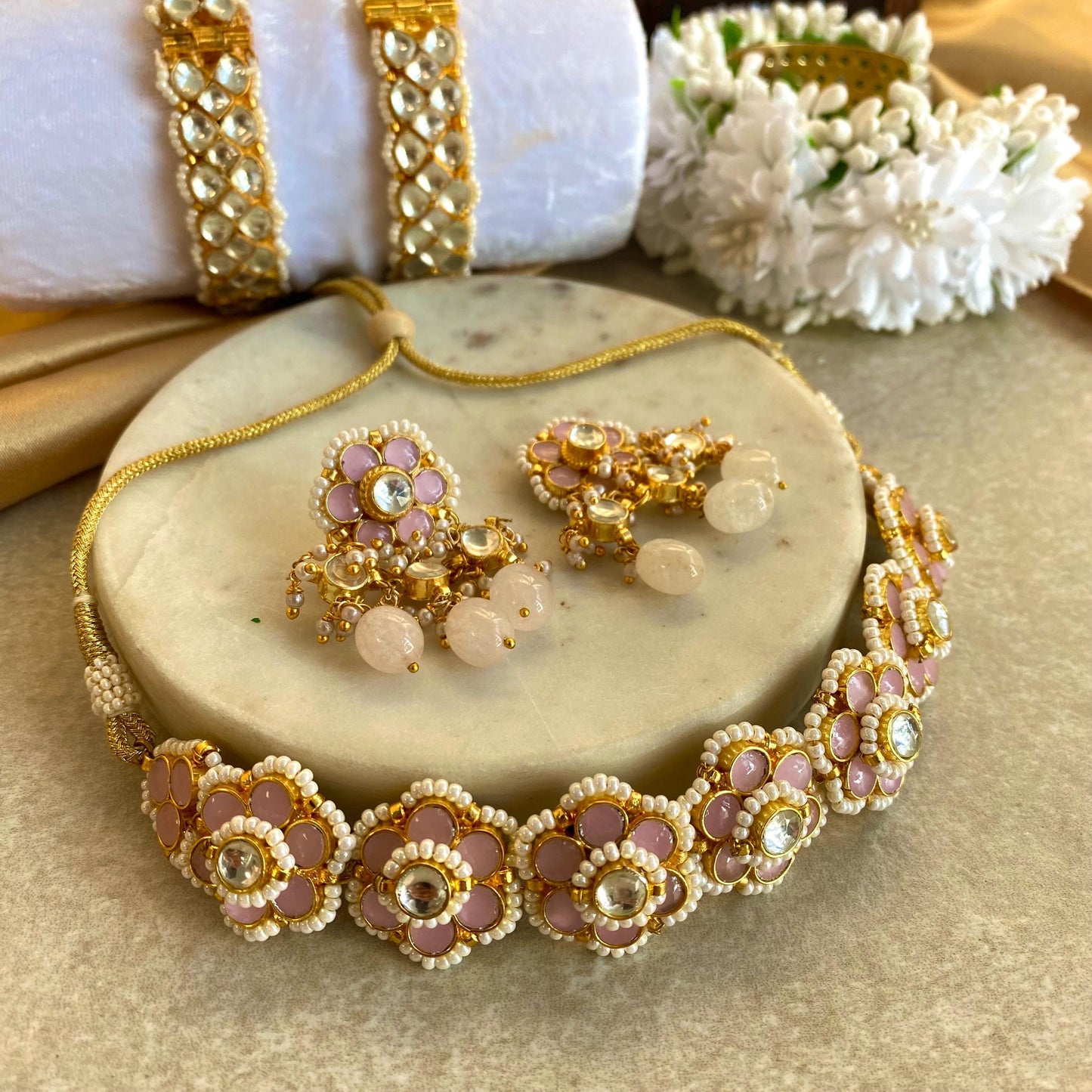 Pink Pearl Real Kundan Choker Small Stud Earring Set Indian Pakistani Bollywood Fashion Jewellery Gift High Quality Unique Style Traditional