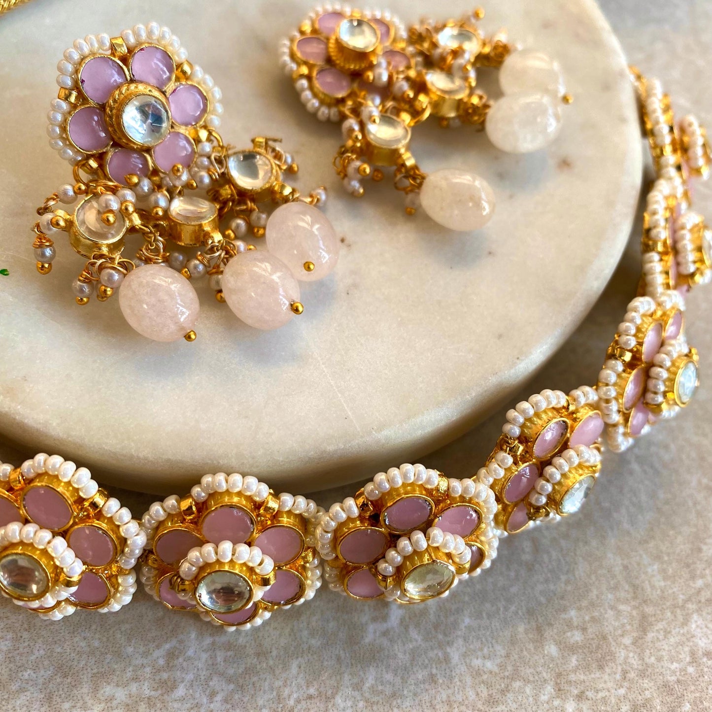 Pink Pearl Real Kundan Choker Small Stud Earring Set Indian Pakistani Bollywood Fashion Jewellery Gift High Quality Unique Style Traditional