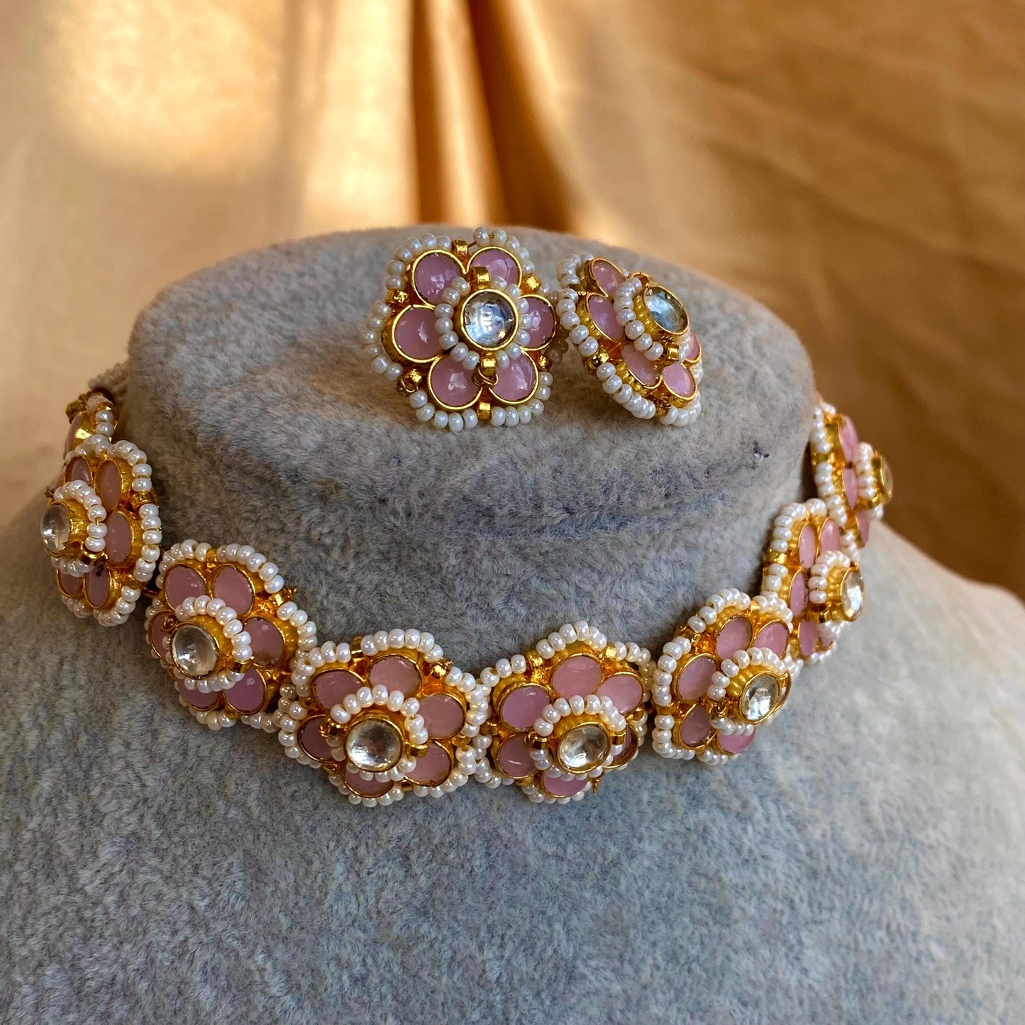 Pink Pearl Real Kundan Choker Small Stud Earring Set Indian Pakistani Bollywood Fashion Jewellery Gift High Quality Unique Style Traditional