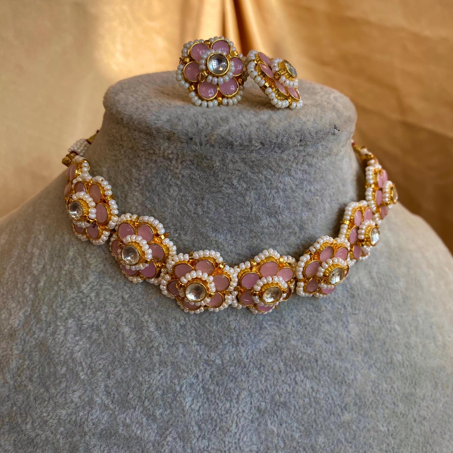 Pink Pearl Real Kundan Choker Small Stud Earring Set Indian Pakistani Bollywood Fashion Jewellery Gift High Quality Unique Style Traditional