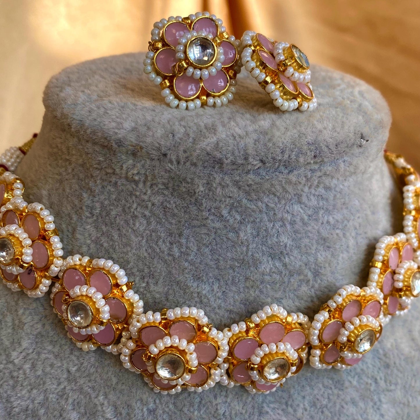 Pink Pearl Real Kundan Choker Small Stud Earring Set Indian Pakistani Bollywood Fashion Jewellery Gift High Quality Unique Style Traditional