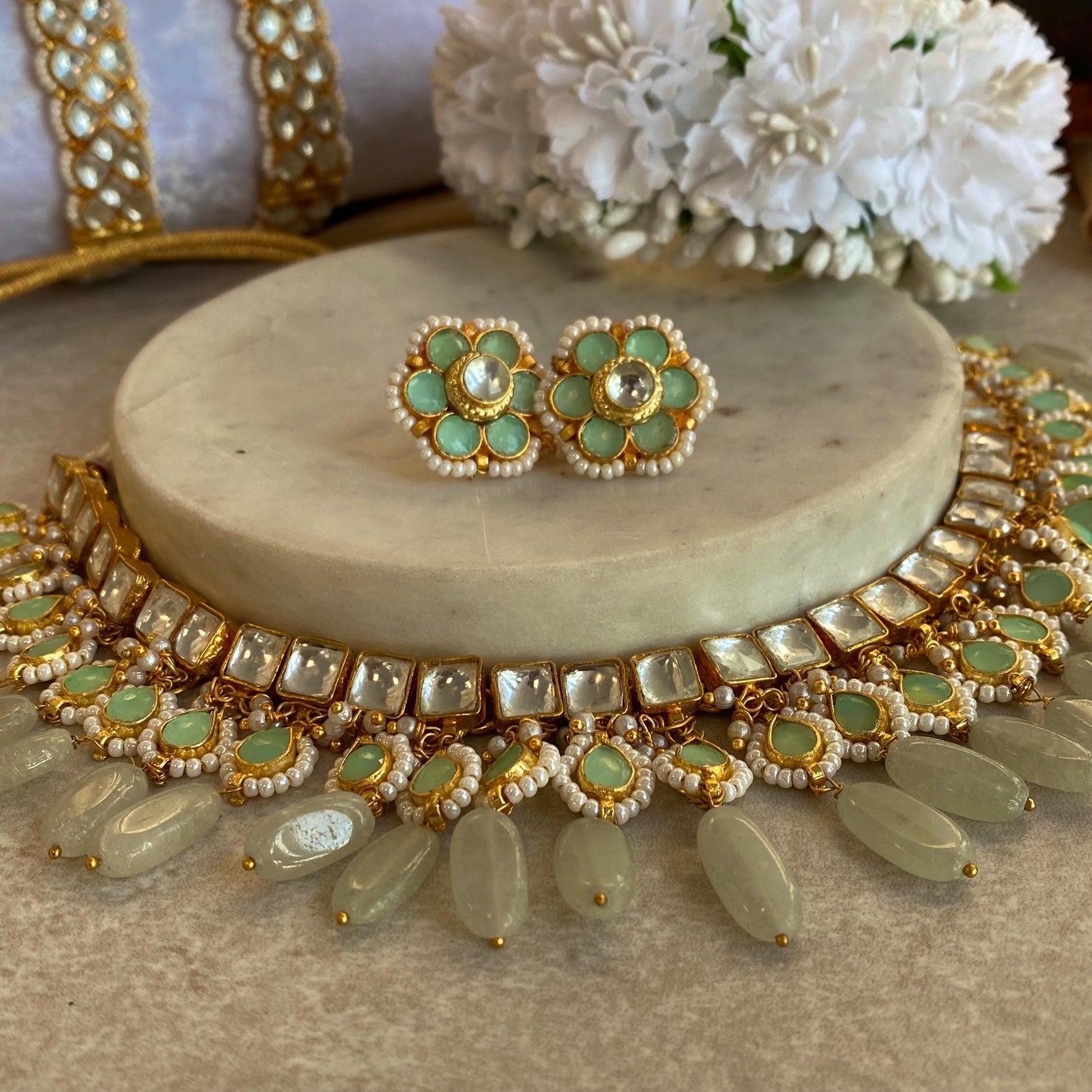 Mint Jade Real Kundan Choker Small Stud Earring Set Indian Pakistani Bollywood Fashion Jewellery Gift High Quality Unique Style Traditional