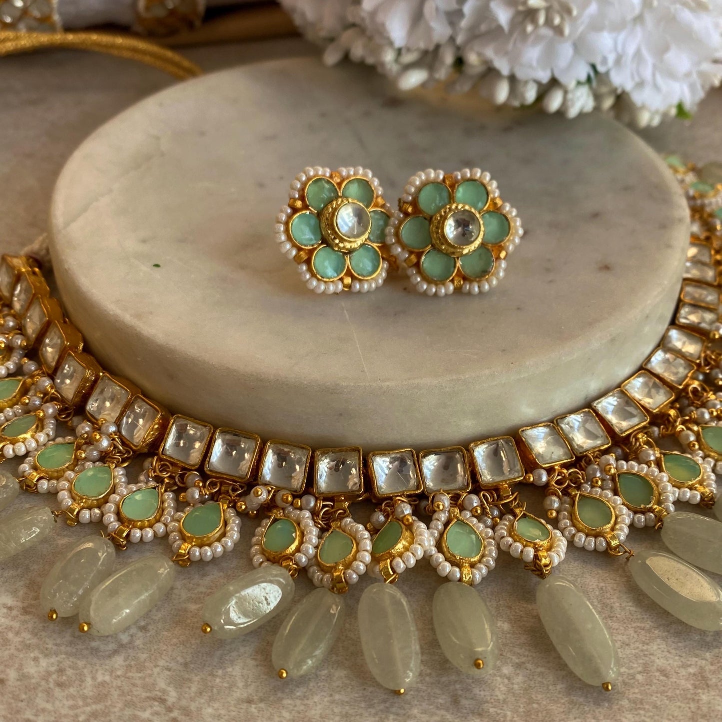 Mint Jade Real Kundan Choker Small Stud Earring Set Indian Pakistani Bollywood Fashion Jewellery Gift High Quality Unique Style Traditional