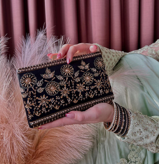 Black Antique Gold Embellished Handcrafted Clutch Bag/Embroidered Clutch Bag/Gifts/Black Hand Bags/Evening Clutch Bag/Purse