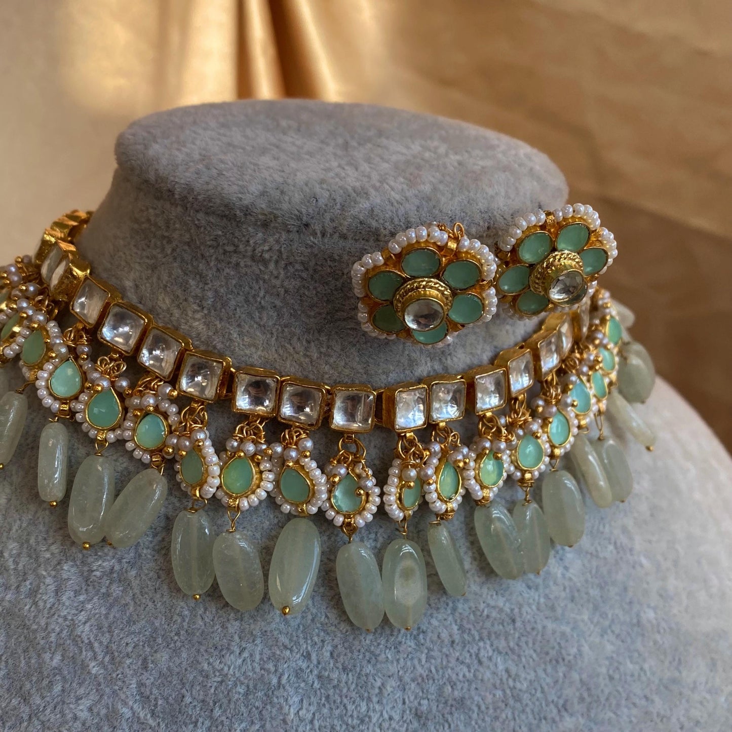 Mint Jade Real Kundan Choker Small Stud Earring Set Indian Pakistani Bollywood Fashion Jewellery Gift High Quality Unique Style Traditional
