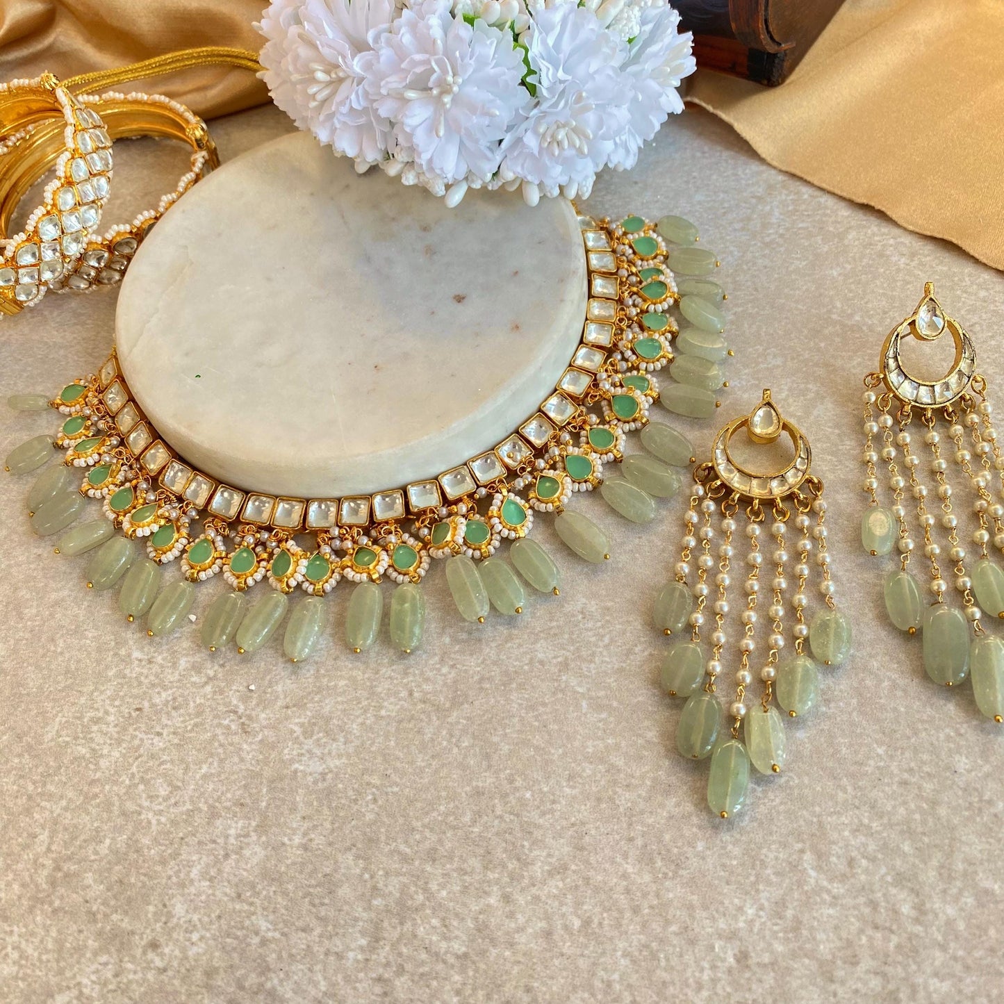 Mint Jade Real Kundan Choker Long Earring Set Indian Pakistani Bollywood Fashion Jewellery Gift High Quality Unique Style Traditional