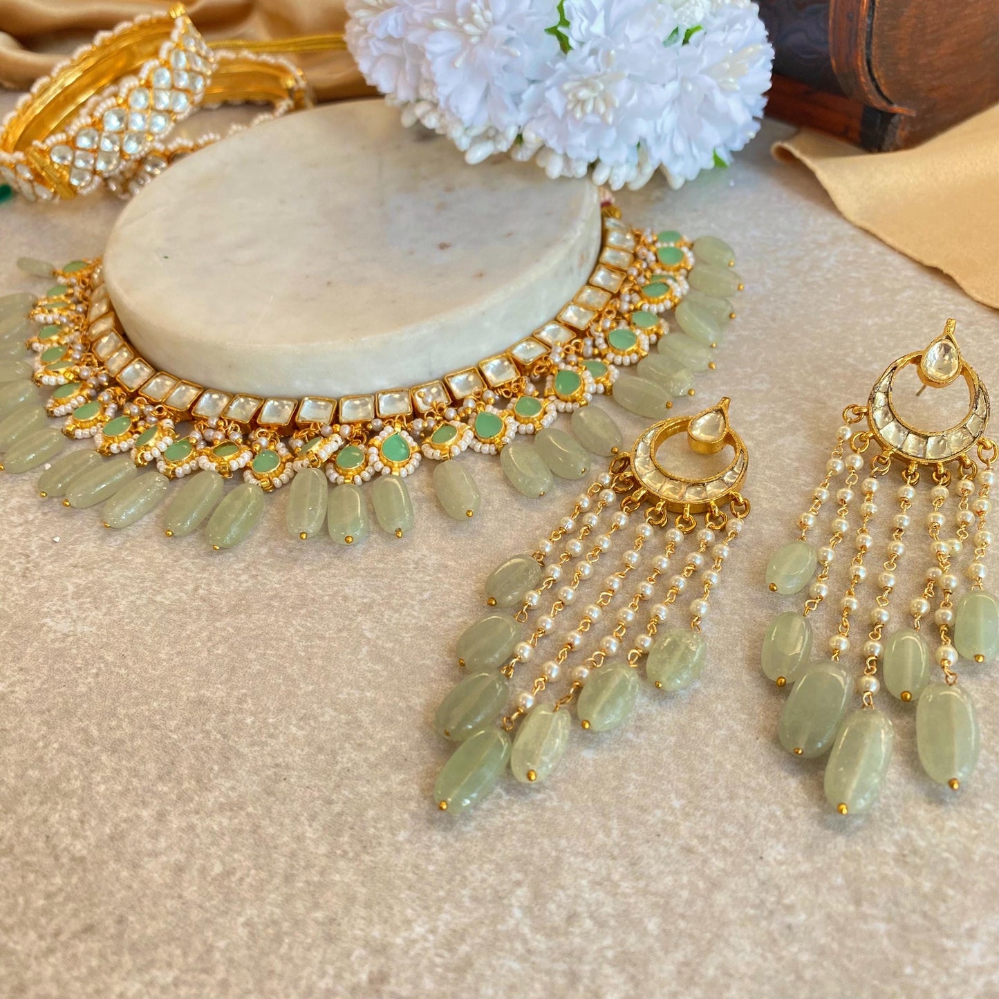 Mint Jade Real Kundan Choker Long Earring Set Indian Pakistani Bollywood Fashion Jewellery Gift High Quality Unique Style Traditional