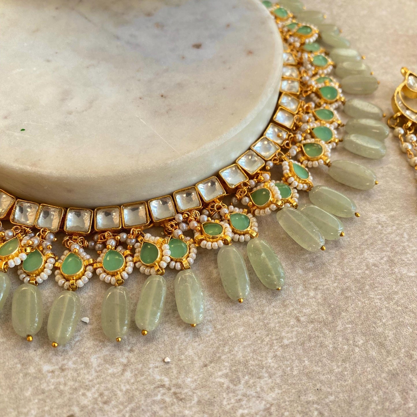 Mint Jade Real Kundan Choker Long Earring Set Indian Pakistani Bollywood Fashion Jewellery Gift High Quality Unique Style Traditional