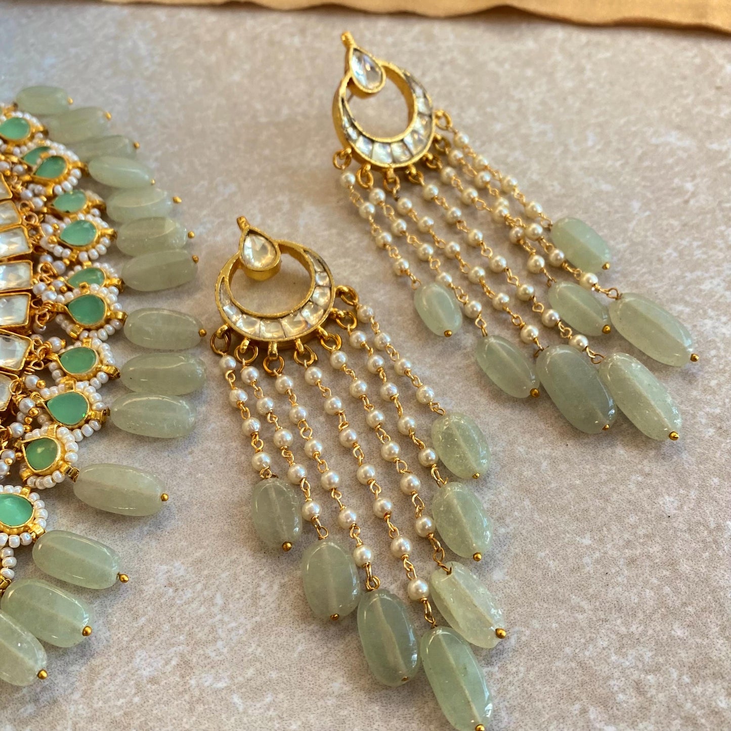 Mint Jade Real Kundan Choker Long Earring Set Indian Pakistani Bollywood Fashion Jewellery Gift High Quality Unique Style Traditional