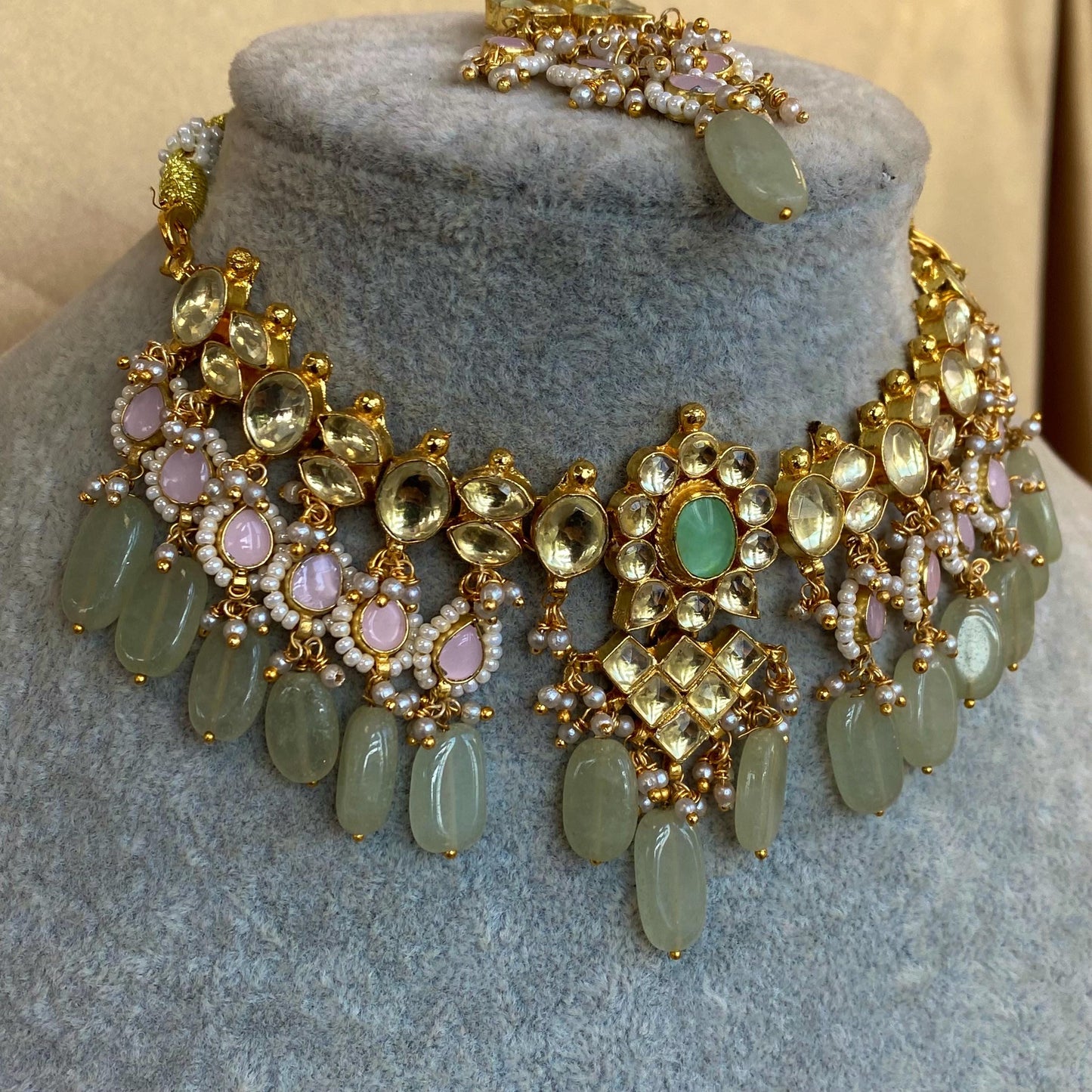 Pink Mint Jade Real Kundan Choker Earring Tikka Set Indian Pakistani Bollywood Fashion Jewellery Gift High Quality Unique Style Traditional