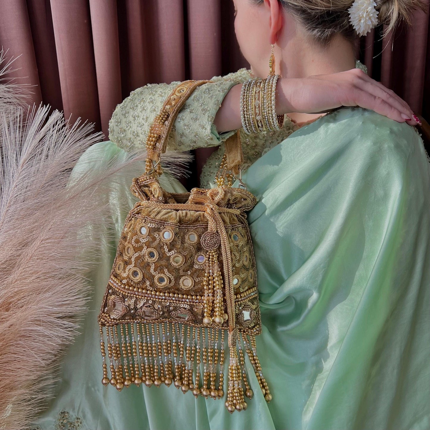 Gold Mirror Beaded Tassel Bag Potli Bags/Indian Handmade Traditional Phulkari Potli Bags/Modern Ethnic Mirror Work Potli Bags