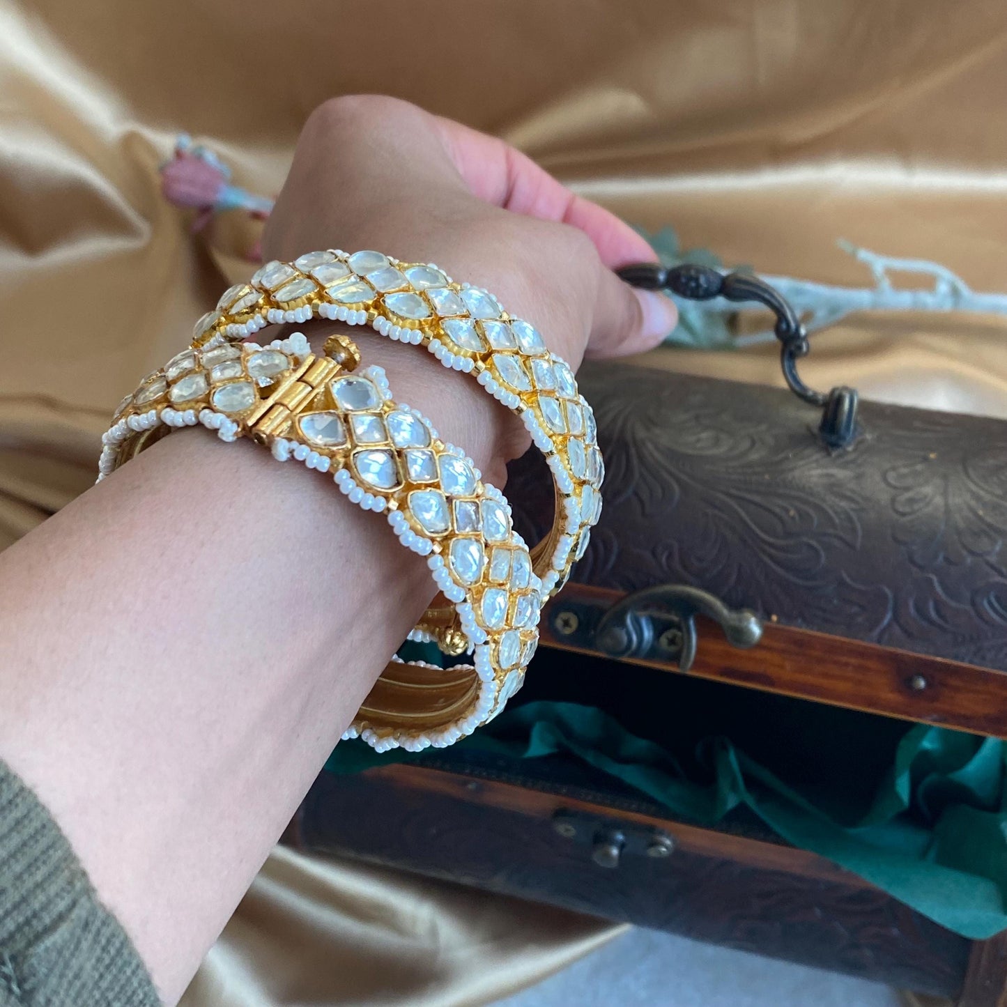 Pair of Clear Kundan Kada Bangles  Bollywood-Inspired, High-Quality Traditional Indian & Pakistani Jewelry, Openable, 2.4 X Small