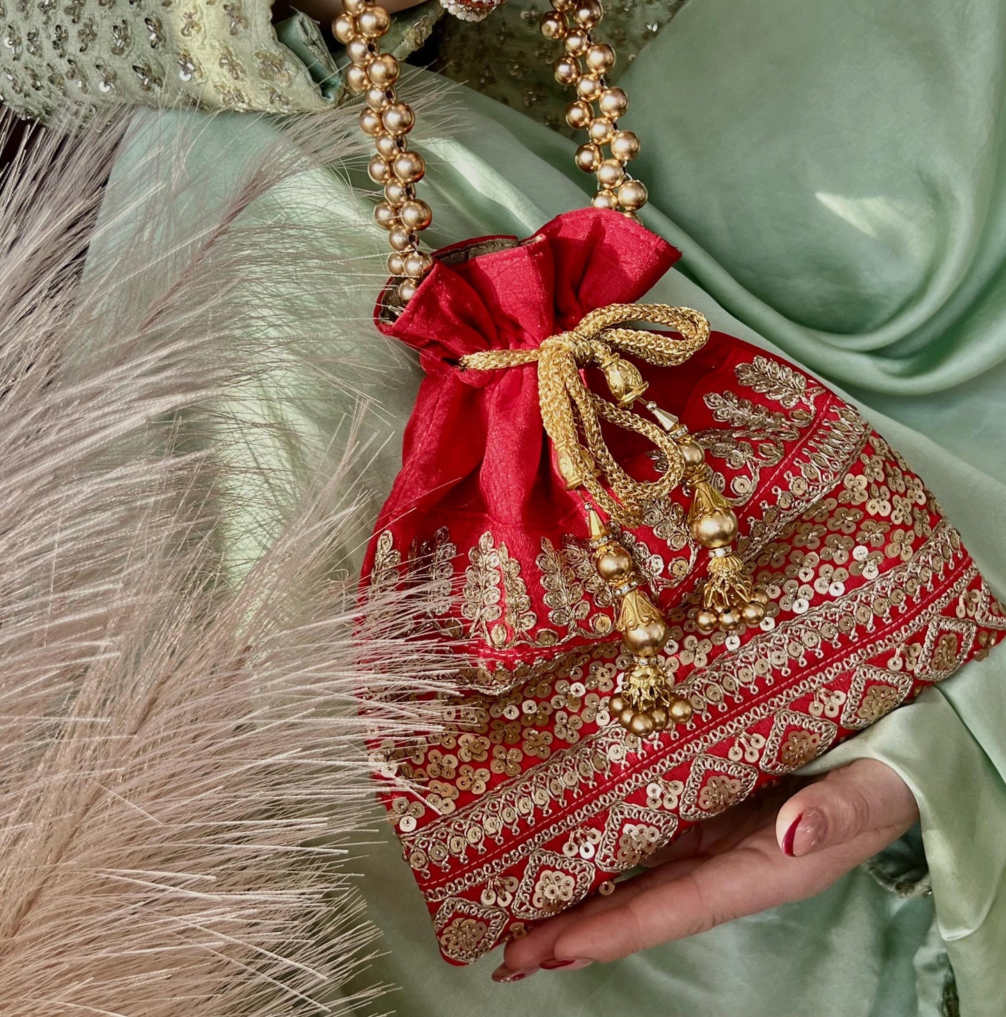 Sequin Detail Red Potli Bag/Indian Handmade Traditional Phulkari Potli Bags/Modern Ethnic Mirror Work Potli Bags/Red Bags