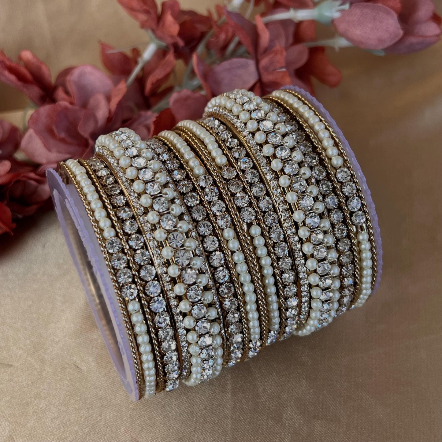 Pearly & Clear Bangle Set Both Arms - 2.8/Clear Bangle Set/Pearly Bangle Set/Antique Gold Bangles/Indian Bangles/Kada Style Bangles